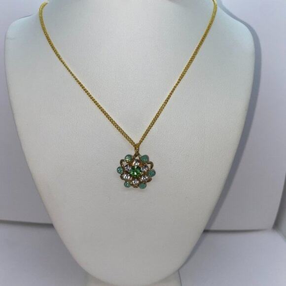 Gold-Tone Turquoise Green Rhinestone Necklace - Picture 1 of 13